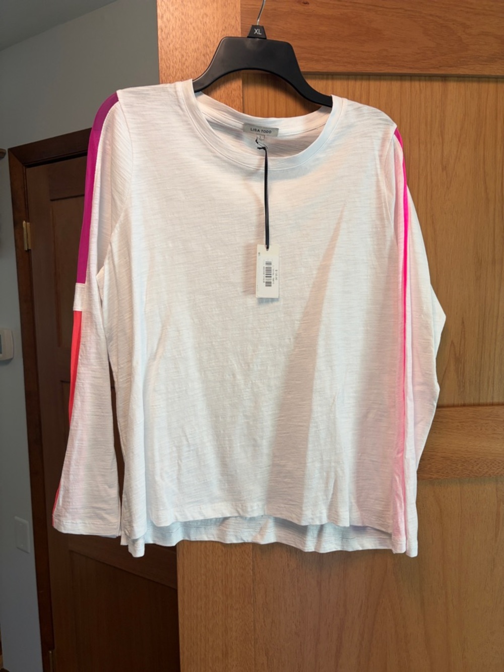 Lisa Todd White Long Sleeve Tee with Pink Accent Stripes